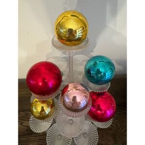 Vintage Shiny Brite Christmas balls 6 balls, gold, pink, blue, fushia
